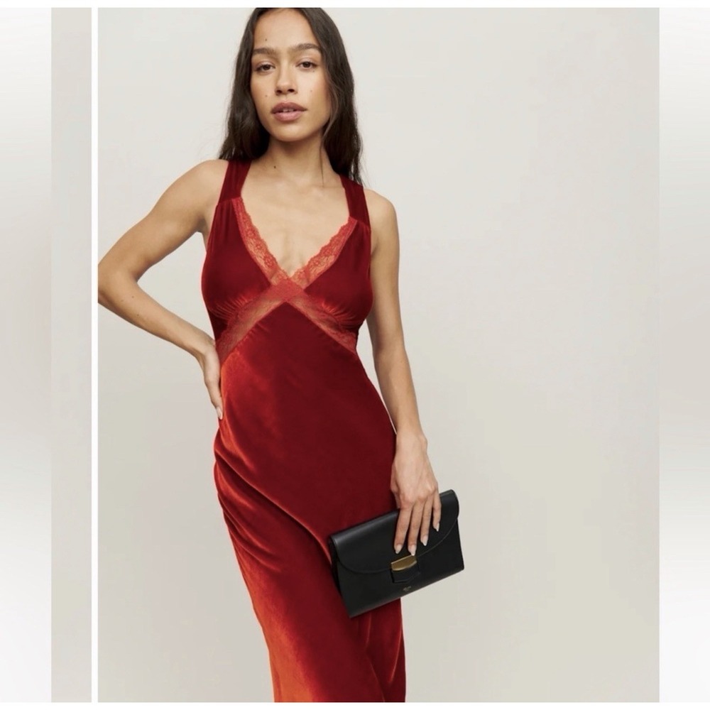 REFORMATION Blood Orange Lorenzo Velvet Maxi Lace VNeck Dress XS Extra Small NEW